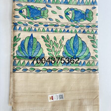 Premium Handloom Pure Desi Tussar Silk Saree | Hand-Painted Madhubani Anchal & Border