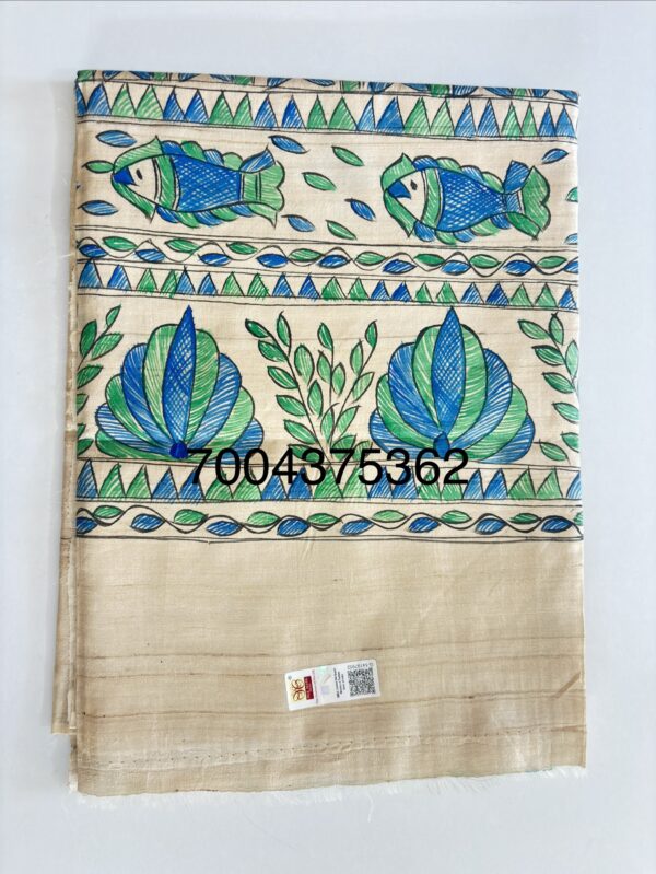 Premium Handloom Pure Desi Tussar Silk Saree | Hand-Painted Madhubani Anchal & Border