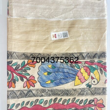 Premium Handloom Pure Desi Tussar Silk Saree | Hand-Painted Madhubani Anchal & Border