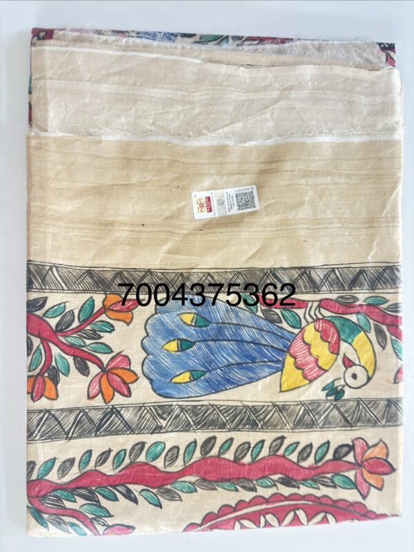 Premium Handloom Pure Desi Tussar Silk Saree | Hand-Painted Madhubani Anchal & Border