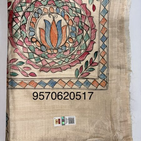 Premium Handloom Pure Desi Tussar Silk Saree | Hand-Painted Madhubani Anchal & Border
