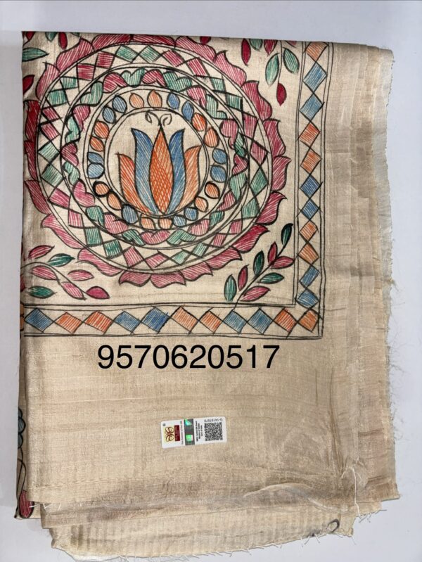 Premium Handloom Pure Desi Tussar Silk Saree | Hand-Painted Madhubani Anchal & Border