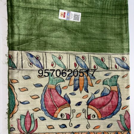 Premium Handloom Pure Desi Tussar Silk Saree | Hand-Painted Madhubani Anchal & Border