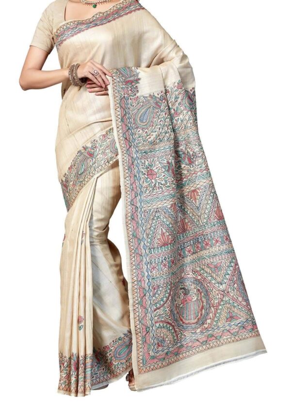Pure Handloom Desi Tussar Silk Madhubani Hand Painted Saree