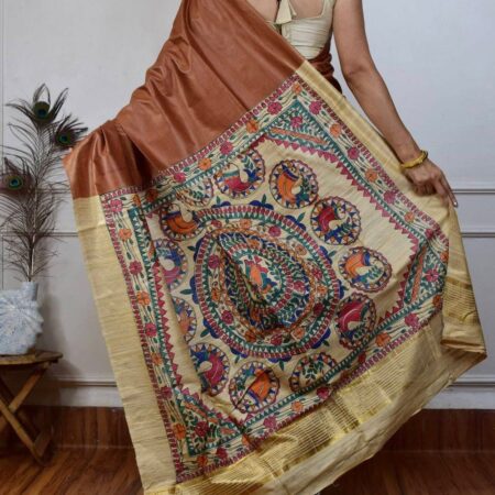Premium Handloom Pure Desi Tussar Silk Saree | Hand-Painted Madhubani Anchal & Border