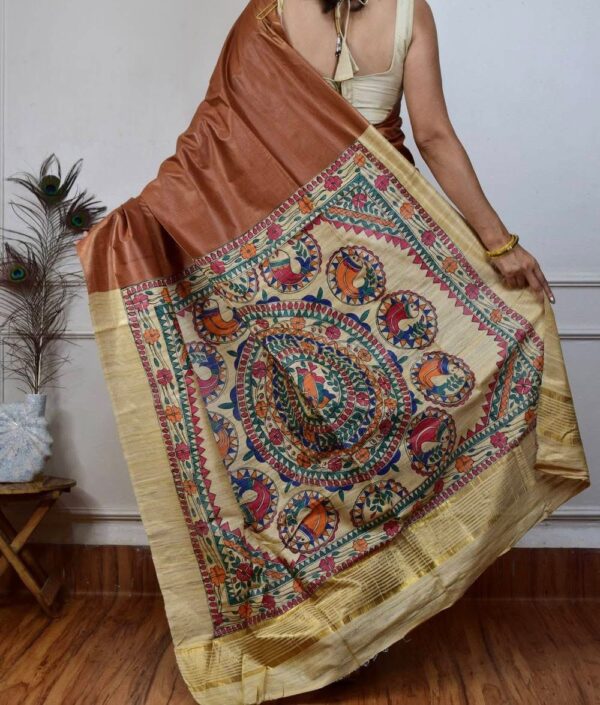 Premium Handloom Pure Desi Tussar Silk Saree | Hand-Painted Madhubani Anchal & Border
