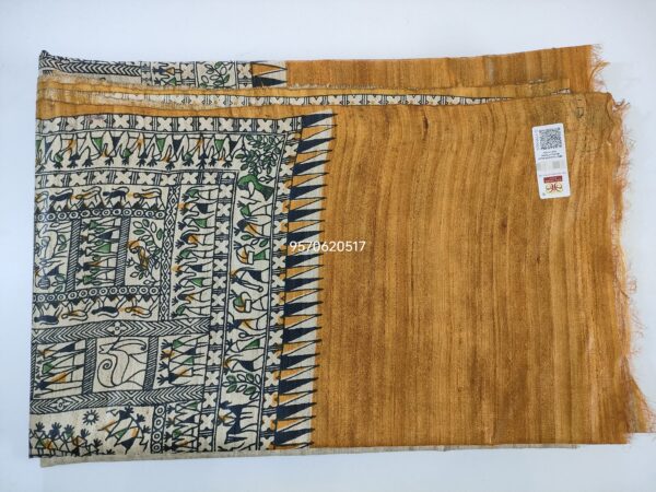 Handloom Tussar Ghicha Silk Saree with Artisan Screen-Printed Pallu & Border–Elegant Lightweight Ethnic Sari