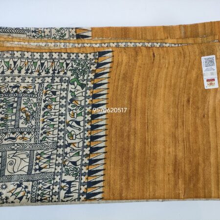 Handloom Tussar Ghicha Silk Saree with Artisan Screen-Printed Pallu & Border–Elegant Lightweight Ethnic Sari