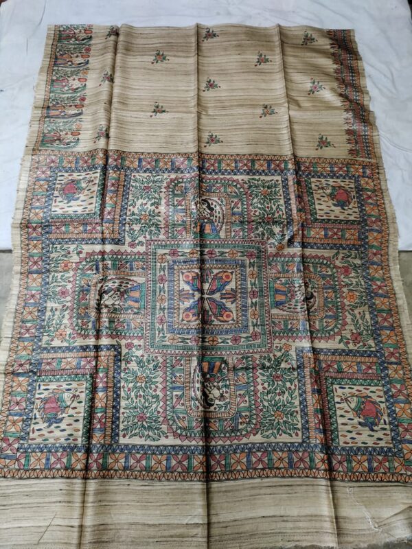 Original Handloom Tussar Ghicha Silk Saree with Traditional Madhubani Handpainted Anchal & Border