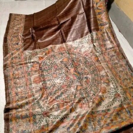 Pure Handloom Desi Tussar Silk Madhubani Hand Painted Saree