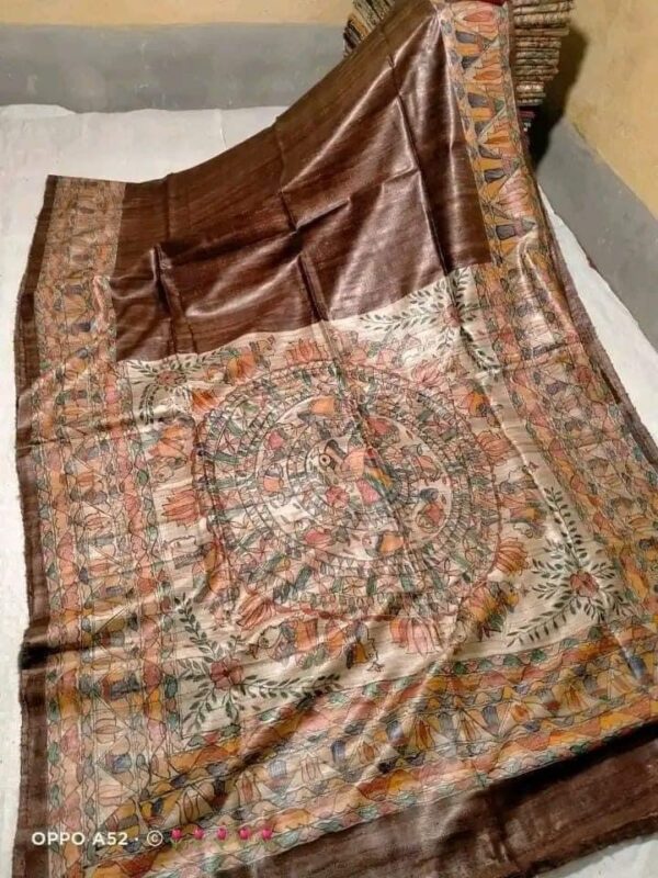 Pure Handloom Desi Tussar Silk Madhubani Hand Painted Saree