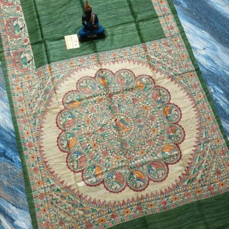 Original Handloom Tussar Ghicha Silk Saree with Traditional Madhubani Handpainted Anchal & Border
