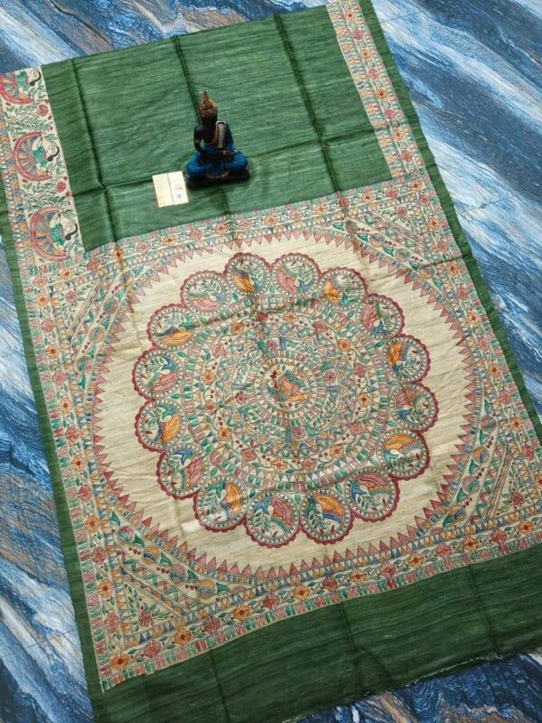 Original Handloom Tussar Ghicha Silk Saree with Traditional Madhubani Handpainted Anchal & Border