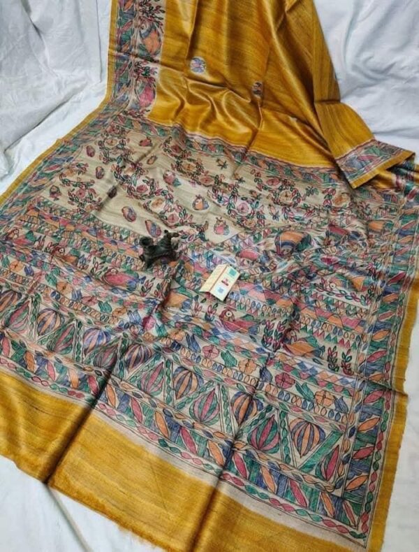 Original Handloom Tussar Ghicha Silk Saree with Traditional Madhubani Handpainted Anchal & Border