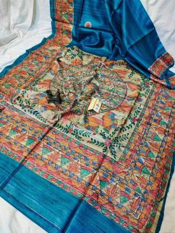 Original Handloom Tussar Ghicha Silk Saree with Traditional Madhubani Handpainted Anchal & Border