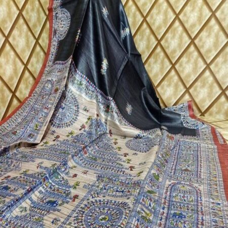 Handloom Tussar Ghicha Silk Saree Screen-Printed