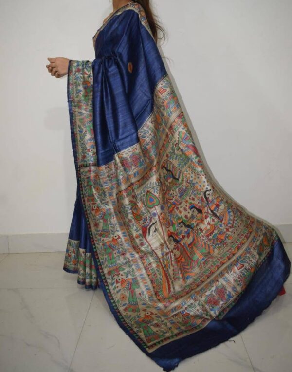 Original Handloom Tussar Ghicha Silk Saree with Traditional Madhubani Handpainted Anchal & Border