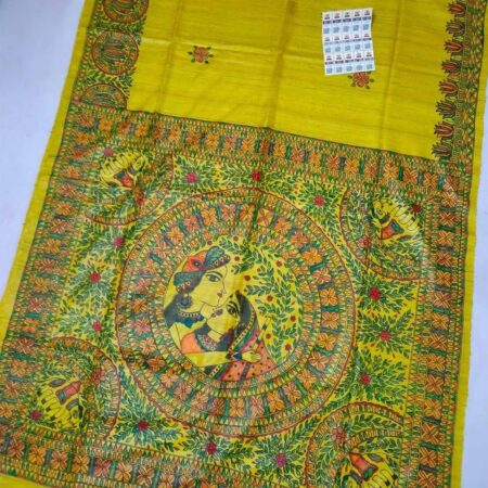 Pure Handloom Desi Tussar Silk Madhubani Hand Painted Saree