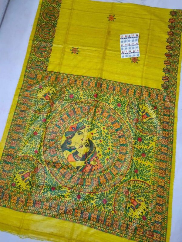 Pure Handloom Desi Tussar Silk Madhubani Hand Painted Saree