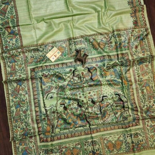Pure Handloom Desi Tussar Silk Madhubani Hand Painted Saree