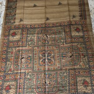 Original Handloom Tussar Ghicha Silk Saree with Traditional Madhubani Handpainted Anchal & Border