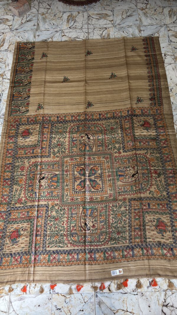 Original Handloom Tussar Ghicha Silk Saree with Traditional Madhubani Handpainted Anchal & Border