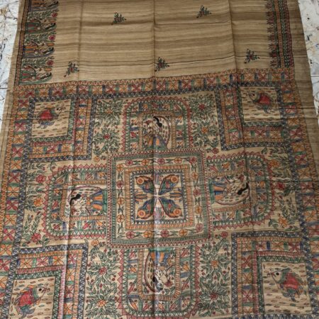 Original Handloom Tussar Ghicha Silk Saree with Traditional Madhubani Handpainted Anchal & Border