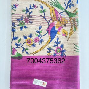 Handloom Tussar Ghicha Silk Saree with Artisan Screen-Printed Pallu & Border–Elegant Lightweight Ethnic Sari