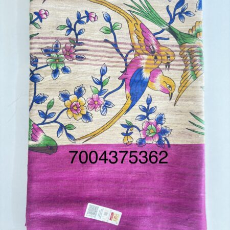 Handloom Tussar Ghicha Silk Saree with Artisan Screen-Printed Pallu & Border–Elegant Lightweight Ethnic Sari