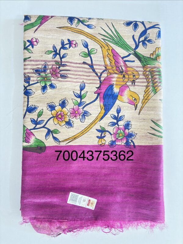 Handloom Tussar Ghicha Silk Saree with Artisan Screen-Printed Pallu & Border–Elegant Lightweight Ethnic Sari