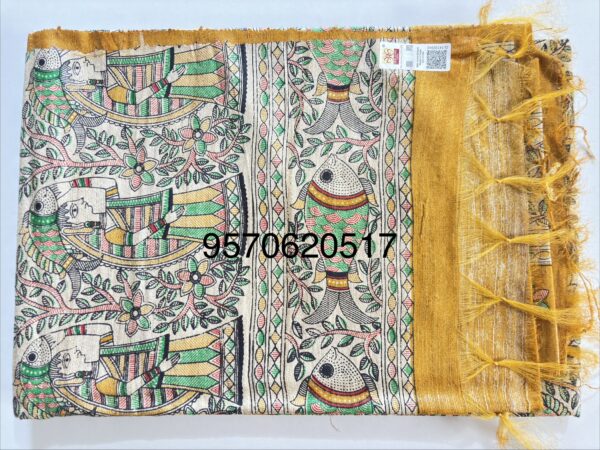 Handloom Tussar Ghicha Silk Saree with Artisan Screen-Printed Pallu & Border–Elegant Lightweight Ethnic Sari