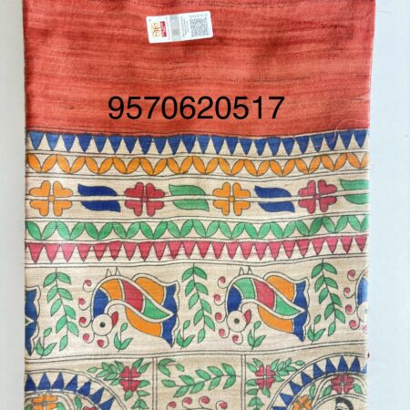 Original Handloom Tussar Ghicha Silk Saree with Traditional Madhubani Handpainted Anchal & Border