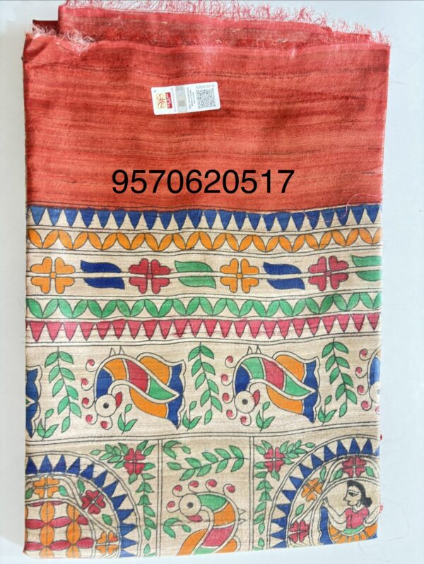 Original Handloom Tussar Ghicha Silk Saree with Traditional Madhubani Handpainted Anchal & Border