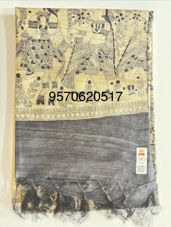 Handloom Tussar Ghicha Silk Saree with Artisan Screen-Printed Pallu & Border–Elegant Lightweight Ethnic Sari