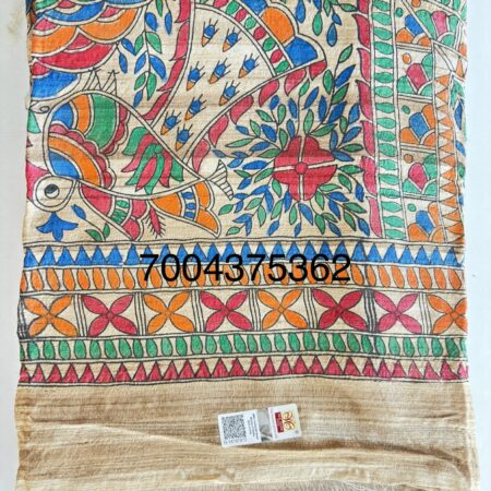 Original Handloom Tussar Ghicha Silk Saree with Traditional Madhubani Handpainted on Half Body