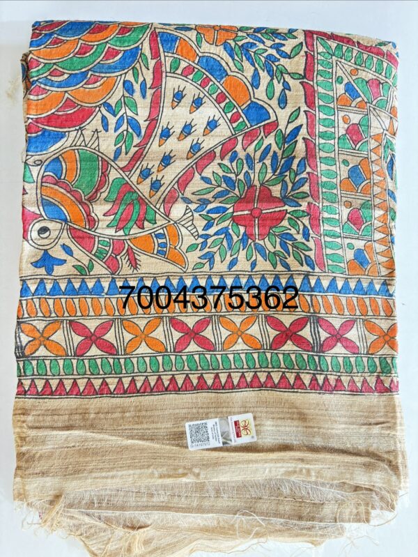 Original Handloom Tussar Ghicha Silk Saree with Traditional Madhubani Handpainted on Half Body