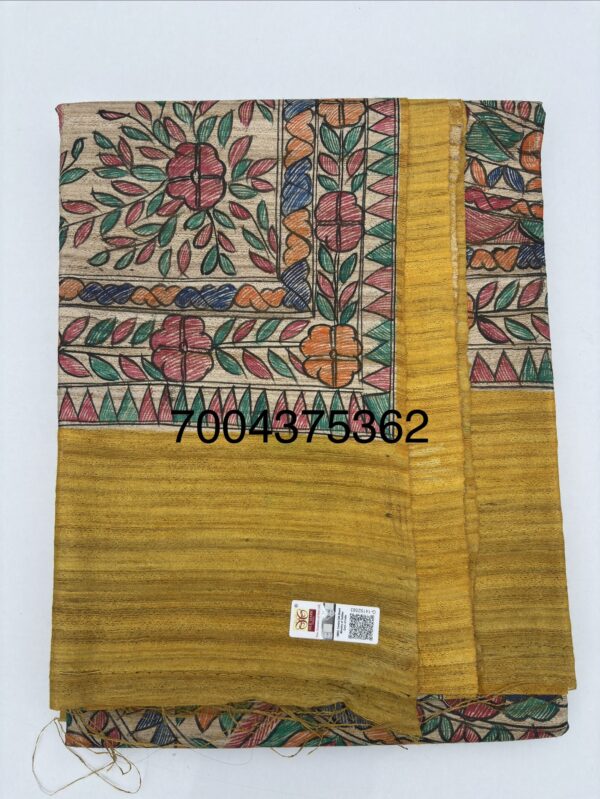 Original Handloom Tussar Ghicha Silk Saree with Traditional Madhubani Handpainted Anchal & Border