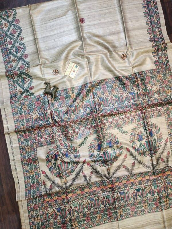 Original Handloom Tussar Ghicha Silk Saree with Traditional Madhubani Handpainted Anchal & Border