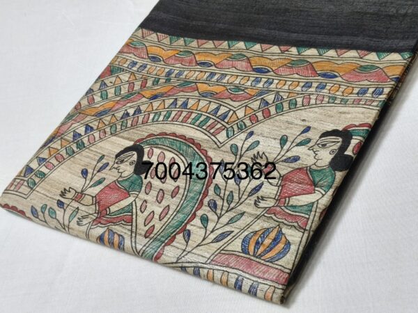 Original Handloom Tussar Ghicha Silk Saree with Traditional Madhubani Handpainted Anchal & Border