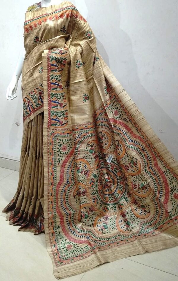 Original Handloom Tussar Ghicha Silk Saree with Traditional Madhubani Handpainted Anchal & Border