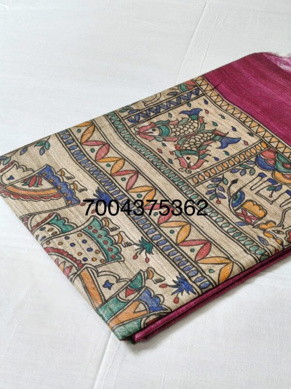 Original Handloom Tussar Ghicha Silk Saree with Traditional Madhubani Handpainted Anchal & Border