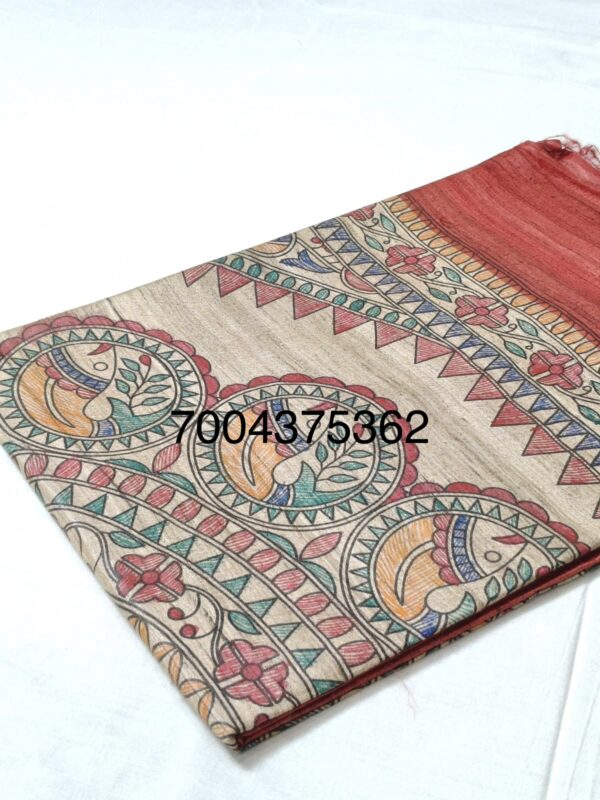 Original Handloom Tussar Ghicha Silk Saree with Traditional Madhubani Handpainted Anchal & Border