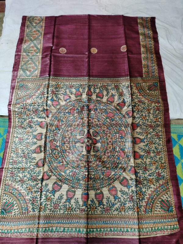 Original Handloom Tussar Ghicha Silk Saree with Traditional Madhubani Handpainted Anchal & Border