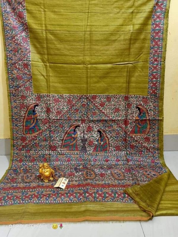 Original Handloom Tussar Ghicha Silk Saree with Traditional Madhubani Handpainted Anchal & Border