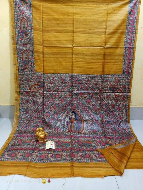 Original Handloom Tussar Ghicha Silk Saree with Traditional Madhubani Handpainted Anchal & Border