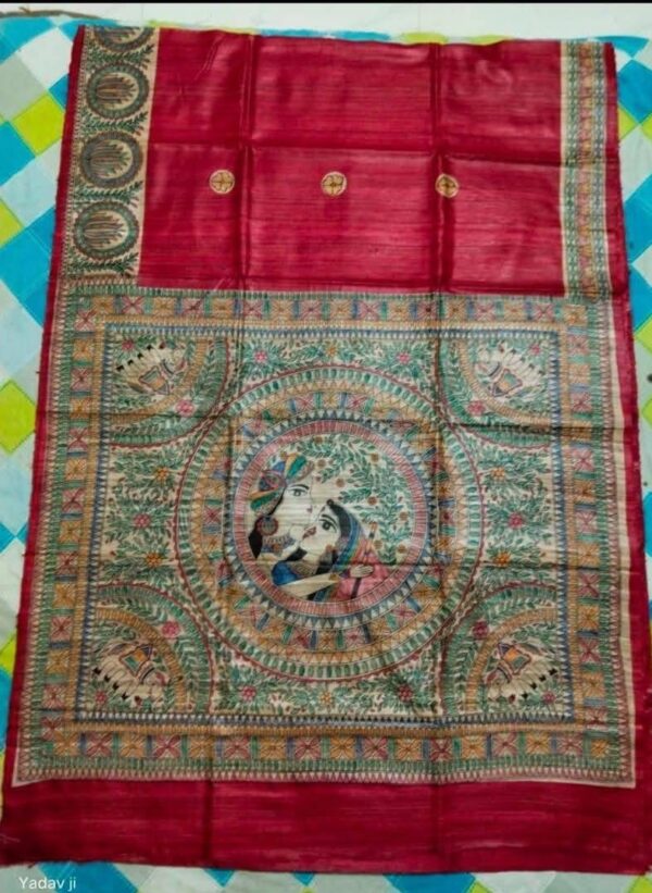 Original Handloom Tussar Ghicha Silk Saree with Traditional Madhubani Handpainted Anchal & Border
