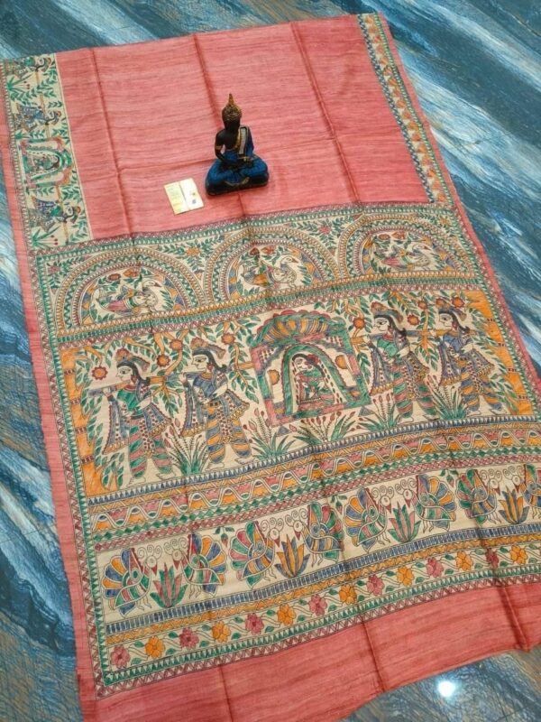 Original Handloom Tussar Ghicha Silk Saree with Traditional Madhubani Handpainted Anchal & Border