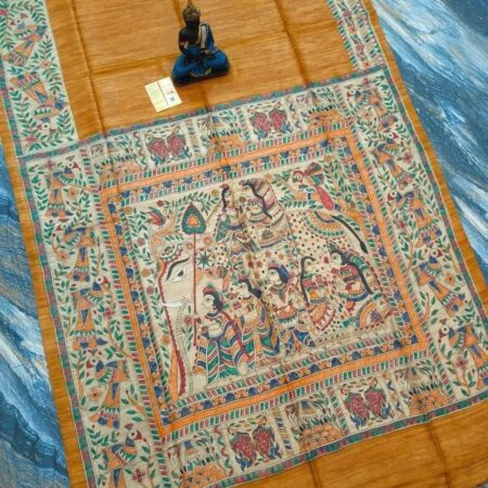 Original Handloom Tussar Ghicha Silk Saree with Traditional Madhubani Handpainted Anchal & Border