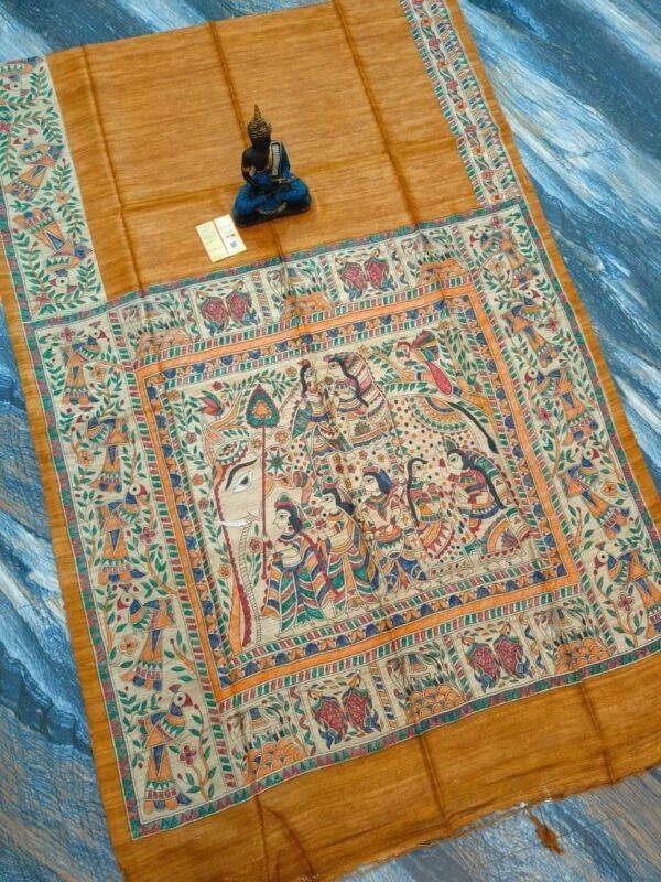 Original Handloom Tussar Ghicha Silk Saree with Traditional Madhubani Handpainted Anchal & Border