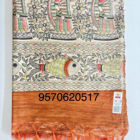 Handloom Tussar Ghicha Silk Saree with Artisan Screen-Printed Pallu & Border–Elegant Lightweight Ethnic Sari